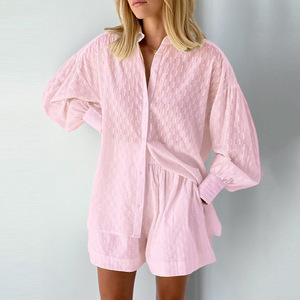 Completo Estivo da Donna: Camicia a Maniche Lunghe e Pantaloncini a Vita Alta, <span class=keywords><strong>Set</strong></span> Casual da Casa, Taglie <span class=keywords><strong>S</strong></span>/5XL - Product Image 2