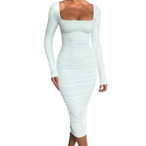 Robes plissées ajustées à manches longues de couleur unie, nouvelle collection d'été pour femmes, en tissu de luxe léger, personnalisables en gros (OEM) - Product Image 3