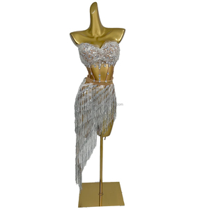 Corsetto di cristallo Sexy reggiseno gonna con nappe 2 pezzi completo da donna Showgirl Rave Performance di scena Costume da ballerina cantante DJ Gogo - Product Image 1