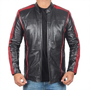 Blouson en cuir chauffant pour homme LONG MISSION INDUSTRY, noir, style motard, avec col mandarin et fermeture éclair, empiècements rouges - Product Image 6