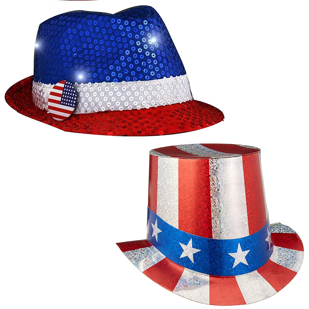 Pafu 4 temmuz abd amerikan bayrağı kırmızı beyaz ve mavi payetler kova bağımsızlık günü süslemeleri ile Fedora şapka yanıp