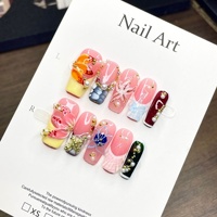 Faux ongles à presser Y2K haut de gamme, faits main, en acrylique, style Ins, motif floral 3D sculpté et peint à la main, colorés