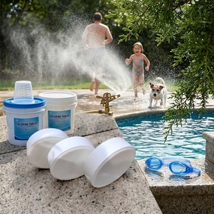 Nouvel arrivage : Comprimé <span class=keywords><strong>de</strong></span> traitement <span class=keywords><strong>de</strong></span> l'eau pour piscine, 3 pouces, 50 lb, blanc, pureté 99 %, à dissolution lente, <span class=keywords><strong>agent</strong></span> chimique auxiliaire - Product Image 2