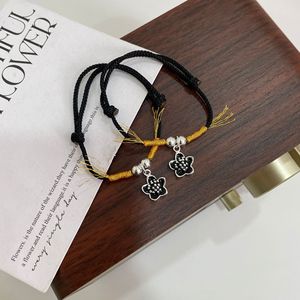 Ruitai S925 Sterling Silver Hand-Woven Black <b>Rope</b> Flower Charm <b>Bracelet</b> Unisex Everyday Wear Mixed Materials Weaving Design - Product Image 3