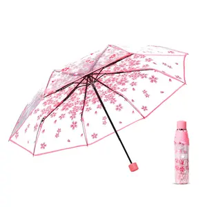 Großhandel Custom Logo Clear Floral Fold Umbrella Transparent Rain 3 Falt schirm für Frauen