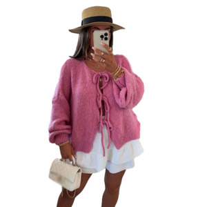 Suéter Cárdigan de Mujer con Cuello Redondo y Lazo, Color Sólido, Estilo Simple, para Otoño e Invierno - Product Image 5