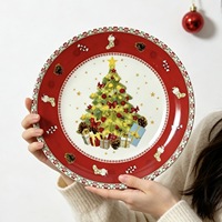 Assiette à dîner ronde en céramique rouge à motif végétal rétro américain, compatible micro-ondes, décoration de table pour les fêtes à la maison