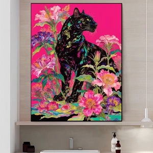 Kit de Pintura de Diamantes SONGWOO, <span class=keywords><strong>Pantera</strong></span> <span class=keywords><strong>Negra</strong></span> con Brillantina Colorida, Fondo Rosa Intenso, Diseño Floral Multicolor, Perforación Completa Redonda - Product Image 3