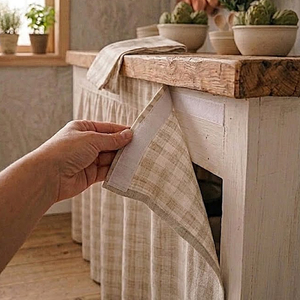 Falda de Mesa Moderna 100% Lino con Diseño de Cuadros |   Funda <span class=keywords><strong>para</strong></span> Mueble de Estilo Rústico con Elegante Diseño de Volantes - Product Image 1