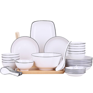 Juego <span class=keywords><strong>de</strong></span> Vajilla <span class=keywords><strong>de</strong></span> Porcelana Blanca <span class=keywords><strong>de</strong></span> Alta Gama, Platos y Tazones <span class=keywords><strong>de</strong></span> Cerámica con Borde Negro - Product Image 1