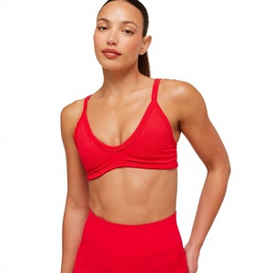 Women Red V-Neck Spaghetti Strap Sports Bra Seamless Medium Support Yoga Fitness Workout Breathable Stretch Activewear - Product Image 3