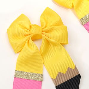 CN nuevo diseño personalizado accesorios para el cabello volver a la escuela hermosa cinta amarilla lápiz escuela lazos para el cabello Clips para niñas - Product Image 4