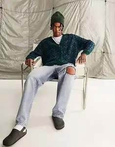 Nanteng Custom New Arrivals Coat V-Neck Mohair Knitted Made Wool Knitwear Green Knit Embossing Winter Men Long Sweater Cardigan
