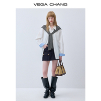 VEGA CHANG Ensemble chemise deux pièces blanc cassé pour femme, chemisier oversize à manches longues, châle tricoté rayé détachable, style preppy à carreaux