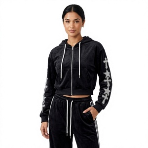 <b>Women</b> Black <b>Velvet</b> <b>Tracksuit</b> Zip Up Cropped Hoodie And Jogger Pants With Rhinestone Sleeve - Product Image 1