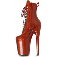 Bottines à plateforme extrêmement brillantes de 8 pouces, talon de 20 cm, en cuir verni brillant, à lacets sur le devant, chaussures de pole dance
