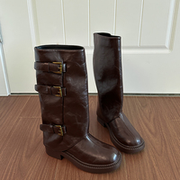 Bottes hautes souples pour femmes, bout rond, semelle épaisse, triple boucle, style western, 2 couleurs