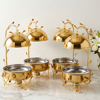 QY 8L Plat de service de luxe en acier inoxydable avec couvercle suspendu et décor floral doré, chauffe-plat pour buffet d'hôtel