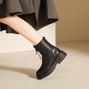 Bottes noires style britannique automne/hiver, en cuir de veau doublé fourrure, à semelle épaisse, confortables, à lacets et fermeture éclair - Product Image 4