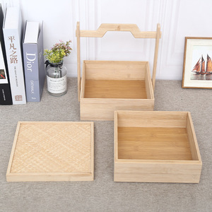 Caja de madera de bambú de doble capa con tapa abatible, almacenamiento portátil para aperitivos, regalo de pastel de luna, artesanía, rectangular, 28cm - Product Image 2