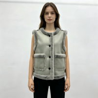 Vente directe d'usine, veste en fourrure synthétique à col rond pour femmes, fermeture à boutons, garniture en fourrure, veste sans manches pour femmes, vêtements d'extérieur d'hiver
