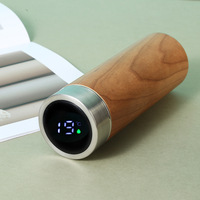 Botol Termos Bambu Custom 450ml, Mug Stainless Steel dengan Tutup Bambu LED, Botol Air dengan Infuser Teh dan Tutup LED Penunjuk Suhu
