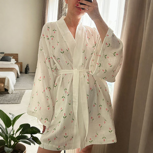 OEM/ODM Women's Cotton Pajamas Dressing Gown Printed Breathable Long Sleeve Bathrobe Can Be Customized with Patterns