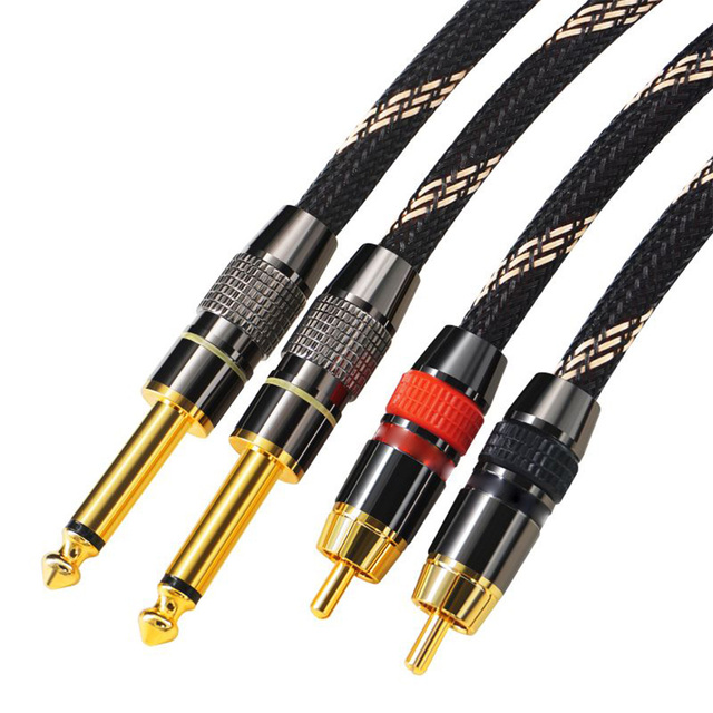 Premium Hi-Fi Audio Cable 3.5mm to 6.5mm Braided Black 2 RCA Car Audio Aux Cable with 2 Male for Speakers and Microphones