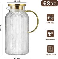 Carafe à eau en verre à rayures verticales de 2 litres avec poignée, pichet en verre avec couvercle pour café infusé à froid, limonade, boissons