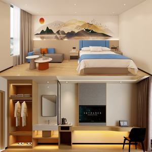 Juego de dormitorio de Hotel completo económico de fábrica de China, marco de cama de madera con cabecero, colchón, mesita de noche, armario, soporte de TV, mesa auxiliar - Product Image 1