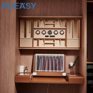 ROEASY Miroir de courtoisie à lumière LED <span class=keywords><strong>avec</strong></span> système de levage AI et <span class=keywords><strong>armoire</strong></span> à bijoux garnie de cuir Mécanisme de panier rétractable - Product Image 5