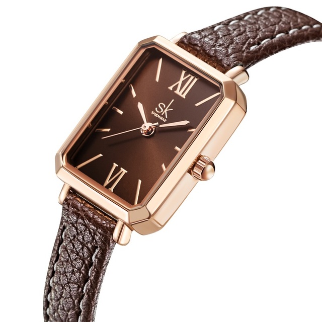 SHENGKE Luxury Business Ladies Quartz Watch Alloy Case Leather Strap Rectangle Dial Waterproof Pointer Movement