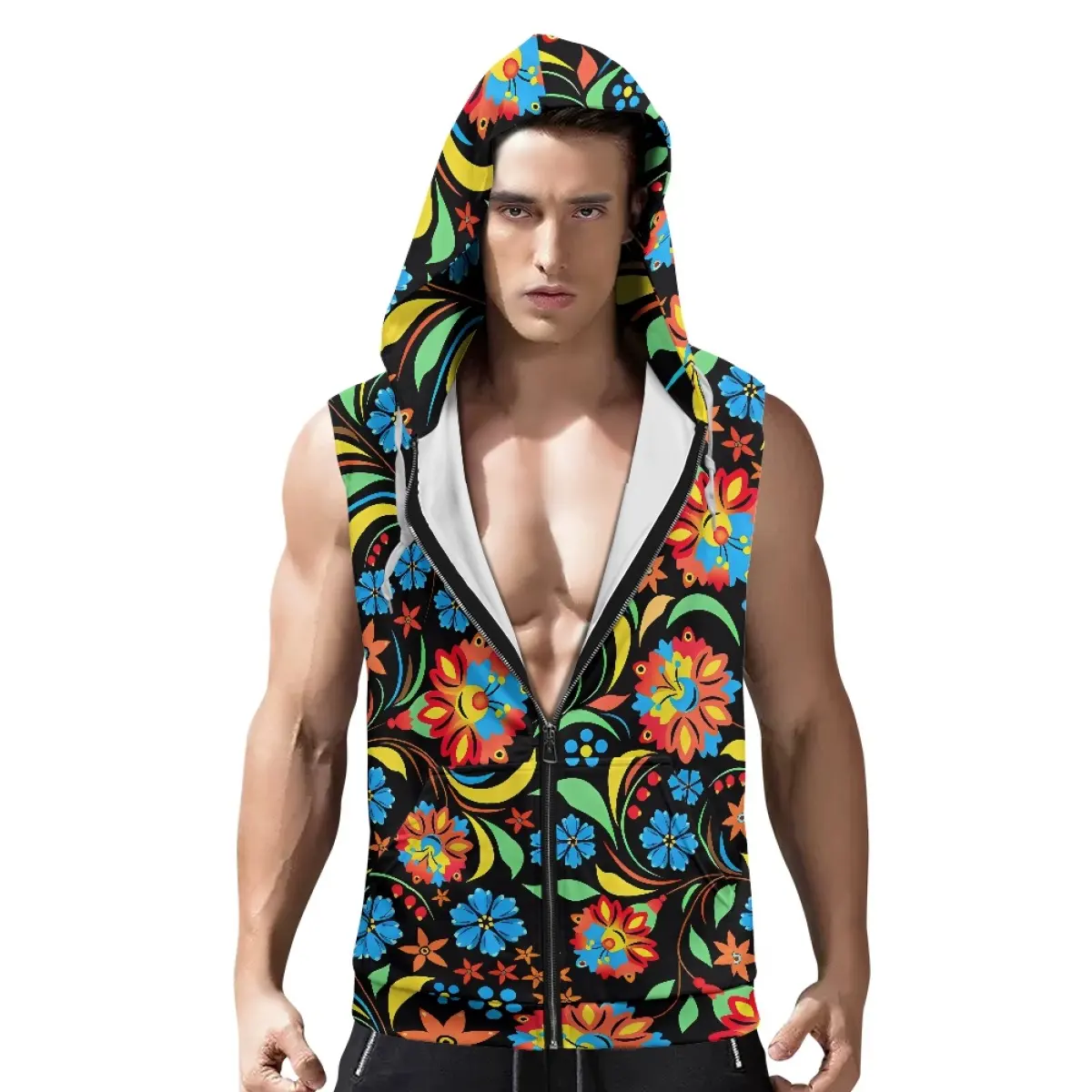 Print On Demand Tank Top Zip Hoodie Mexican Flower Pattern Mens Comfortable Breathable Sweatshirt With Hot sale Male Hooded 2024