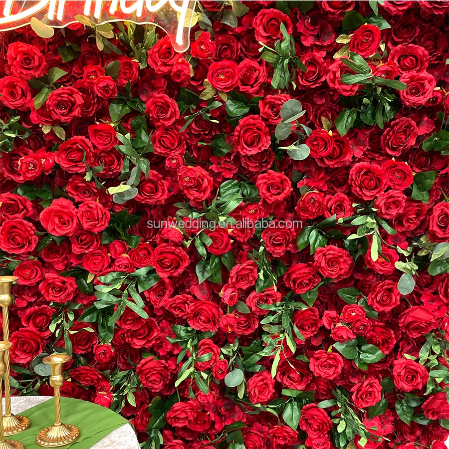 Sunwedding Hot Red Wedding Rose Flower Panel de pared para fiesta evento escenario telón de fondo Decoración