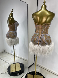 Abito da sera sexy <span class=keywords><strong>senza</strong></span> <span class=keywords><strong>spalline</strong></span> con paillettes e transparenze, modello A-line, per feste, performance sul palco, discoteche, bar, gonna corta con nappe interamente ricoperta di paillettes - Product Image 5