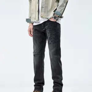 Homens Jeans Straight High-End Personalidade Simples Preto Cinza Irregular Esfarrapado Slim Straight Jeans Para Homens