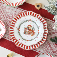Service de table de Noël Teddy Bear en céramique : assiette, bol, tasse, soucoupe à bord festonné, bordure rouge à pois, chapeau de Père Noël, vaisselle cadeau