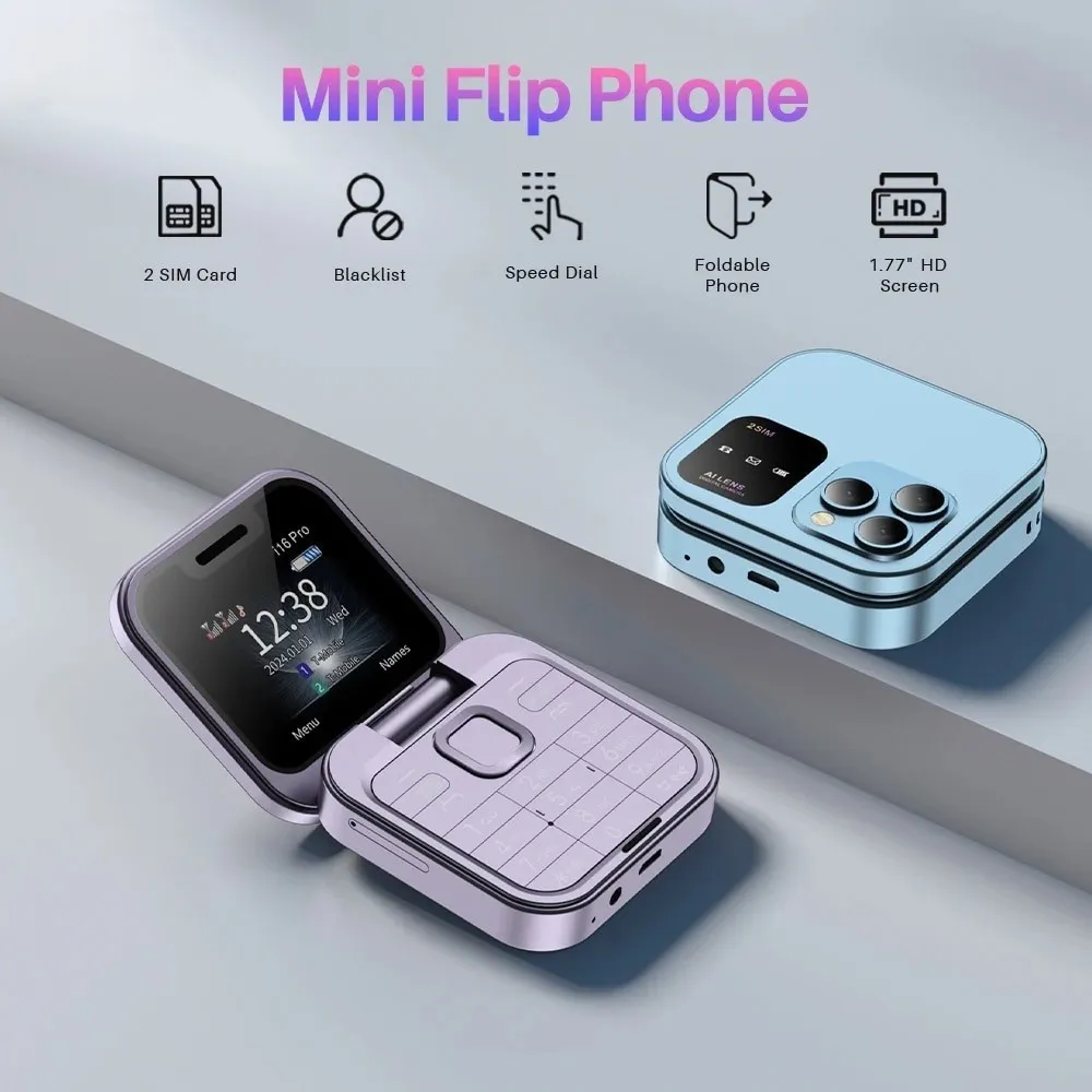 I16 Pro ponsel lipat MIni 2G GSM, pemutar Video Dial kecepatan kartu SIM ganda suara ajaib Jack 3.5mm FM ponsel Flip kecil