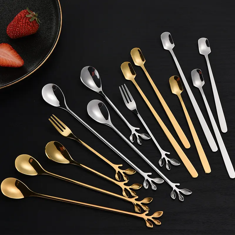 High quality luxury silver golden Korean Long Handle Gift Metal Stainless Steel Tea Coffee Gold Spoon
