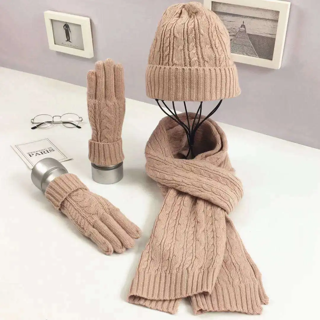 Осенне-зимний модный трикотажный комплект из трех предметов, однотонный теплый капюшон, шапка шарф и перчатки для женщин
