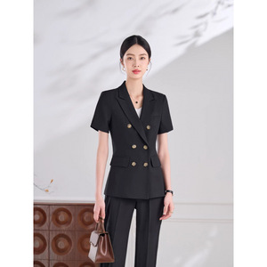 Women's Summer Short Sleeve Double Breasted Blazer And Trousers Set Formal Anti Wrinkle Commute Wear - Product Image 3