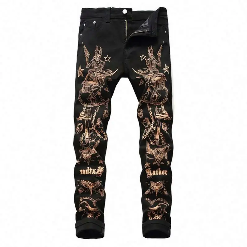 Hot sale Urban Men's slim fit denim jeans Printed Graffiti style jean pants