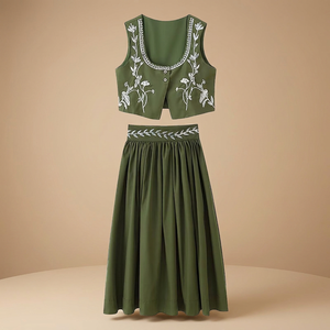 Women's 2 Piece Prairie Chic <b>Set</b> Sleeveless Embroidered Vest With High Waist Full Length Skirt Floral Pattern Green Satin Dress - Product Image 3