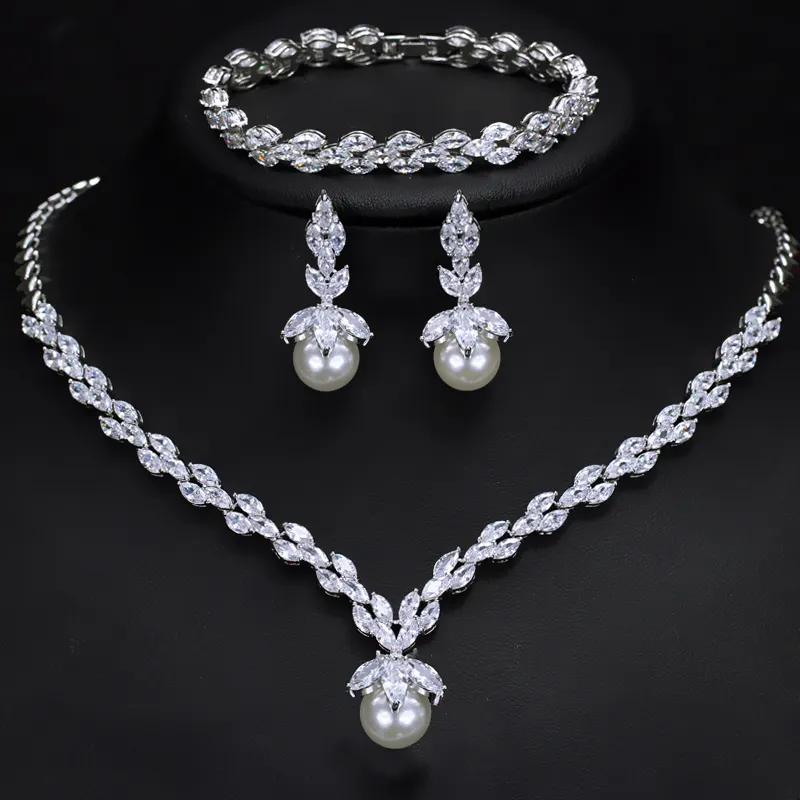 3pcs Silver Color Marquise Cut Cubic Zirconia Big Pearl Drop Earring Bracelet Necklace Jewelry Sets Ladies Bridal Wedding Custom