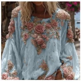 Vente directe usine : Blouse vintage <span class=keywords><strong>bohème</strong></span> personnalisée - Imprimé 3D, grande taille, col rond, manches évasées amples - Product Image 3
