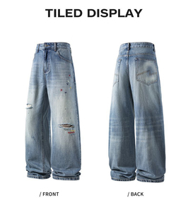 Jeans de mezclilla al por mayor para hombre, corte recto, ajuste regular, holgados hasta la rodilla, pierna ancha, rasgados, estilo baggy - Product Image 5