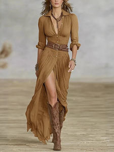 Robes Femme 2025 – Nouvelle Robe Longue Plissée Slim Col V Ceinturée Style Rétro Français, Manches Longues Fendues, Boutonnage Simple, Style Bohème pour l'Automne - Product Image 4