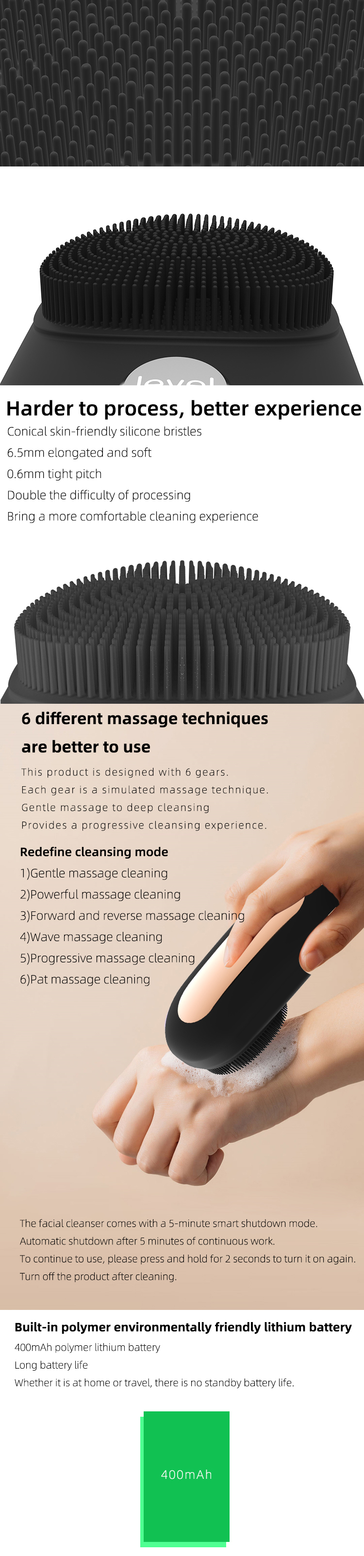 Rechargeable Double Side Electric Waterproof IPX7 Heating Massage Silicone Face Facial Cleansing Brush for Pore cleaner