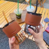 450ml glazen waterfles met deksel, rietje, aangepaste logo, koffie/melkbeker voor buiten, bruiloft, feest, cadeau, mok, lederen hoes, drinkgerei