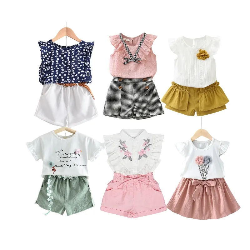 여름 어린이 의류 도매 여자 옷 세트 단색 탑 스커트 귀여운 투피스 유아 아기 옷 1-3 세 소녀